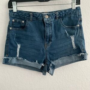 Love Tree Denim Distressed Ripped Cropped High Rise Waist Blue Navy Jean Shorts